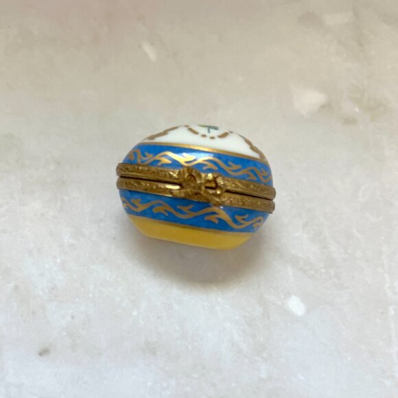 Peint Main Limoges Egg Trinket Box: Blue Gold Wave, Bow Clasp - Picture 2 of 6